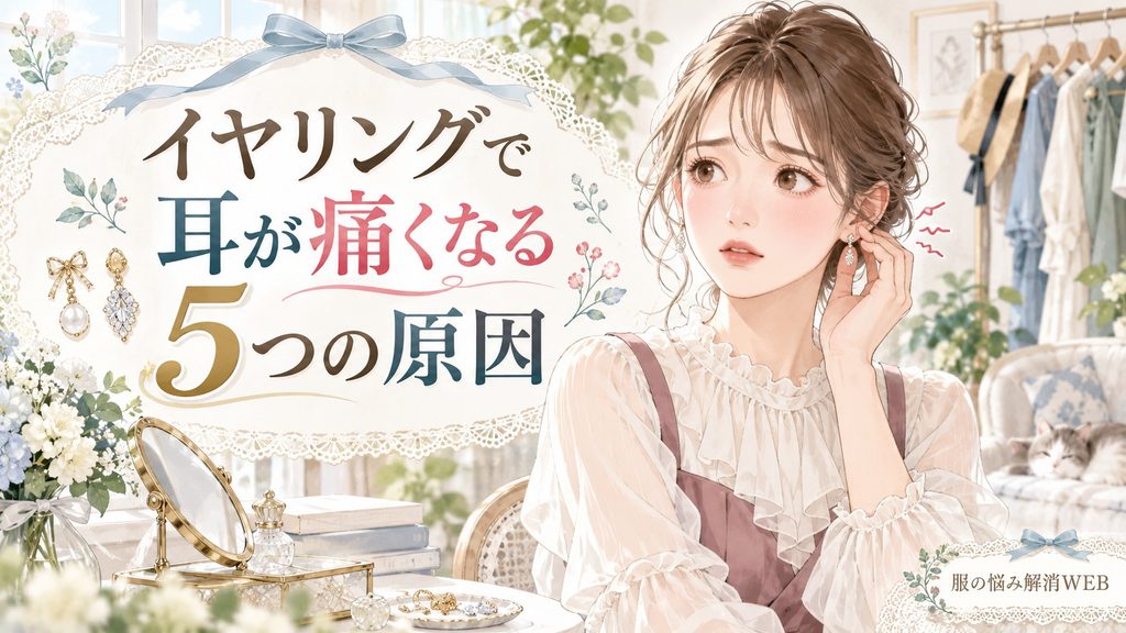 イヤリングを着けた耳に触れながら痛みに悩む女性と、イヤリングで耳が痛くなる5つの原因を示したイラスト