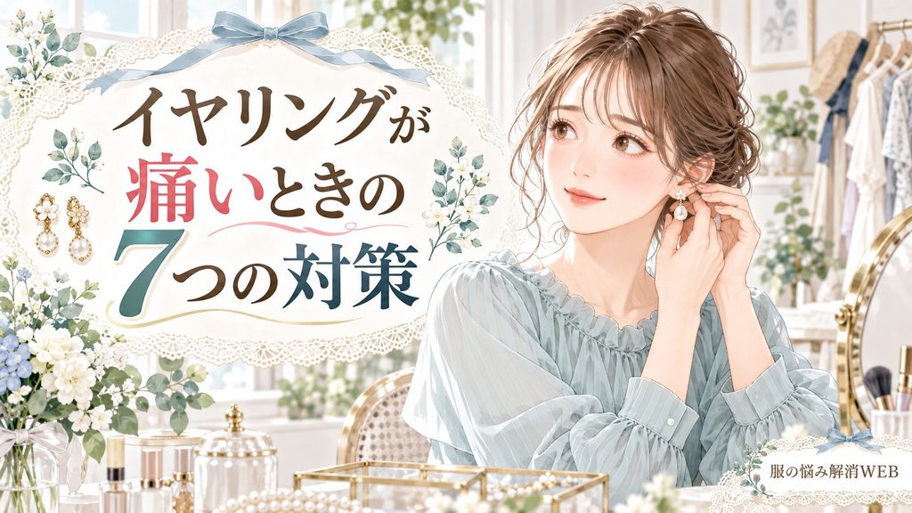 鏡の前でイヤリングを調整する女性と、イヤリングが痛いときの7つの対策を紹介するイラスト