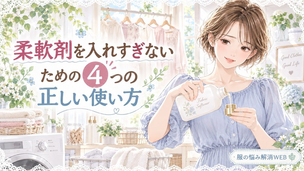 柔軟剤をキャップで計量しながら正しい使用量を確認する女性のイラスト