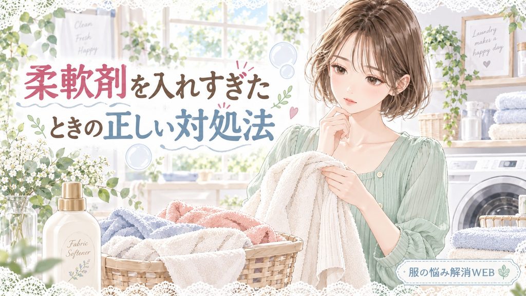 柔軟剤を入れすぎたときの対処法を確認しながら洗濯物を手にする女性のイラスト