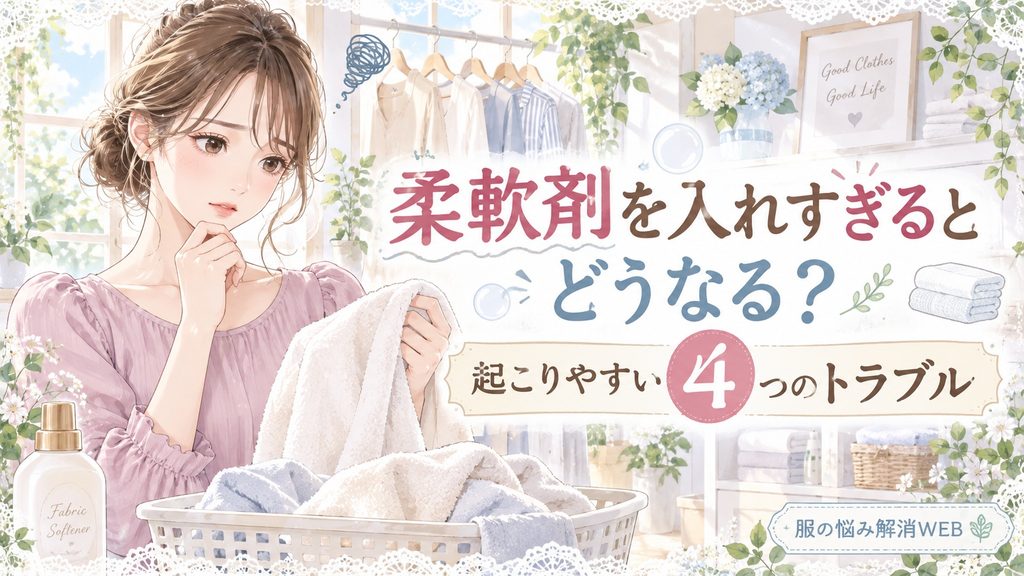 柔軟剤を入れすぎた衣類やタオルを確認しながら困った表情をする女性のイラスト