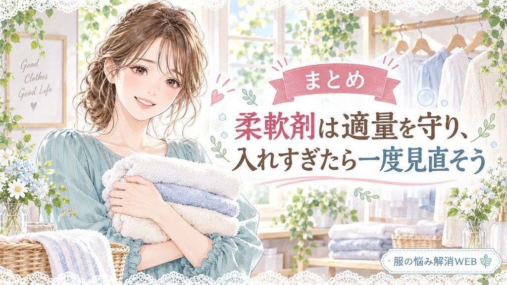 適量の柔軟剤で洗濯したタオルを抱えて笑顔を見せる女性のイラスト