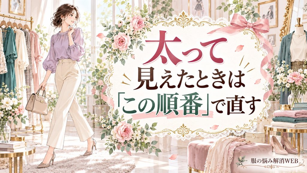 太って見える原因を確認し、順番に着こなしを整える女性のイラスト