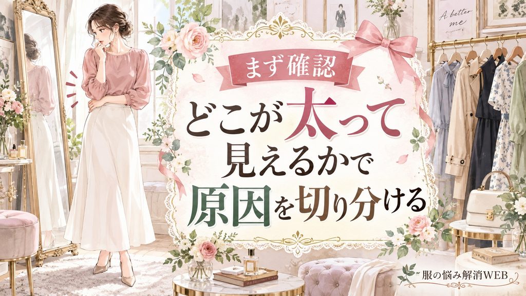 鏡の前で自分の服装を確認し、どこが太って見えるか原因を切り分ける女性のイラスト