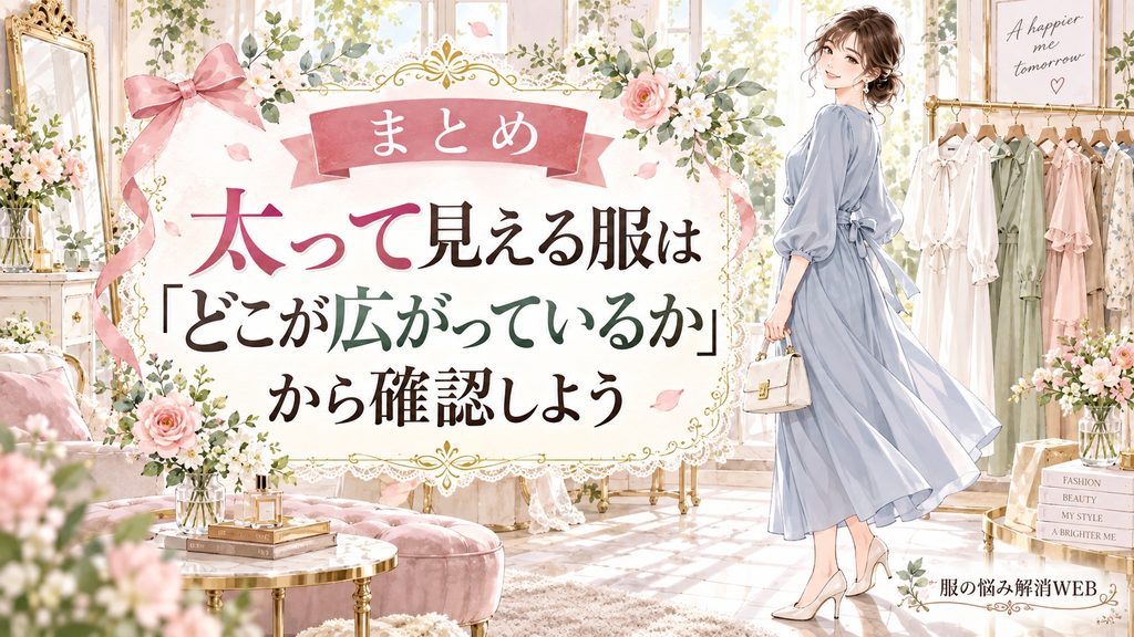 太って見える服の広がる場所を確認し、すっきりした着こなしで歩く女性のイラスト