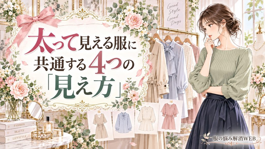 洋服を見比べながら、太って見える服に共通する4つの見え方を確認する女性のイラスト
