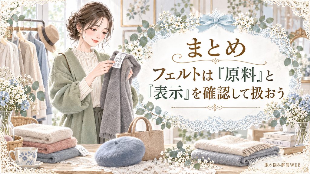 フェルト製品の原料と表示を確認し、正しい扱い方をチェックする女性のイラスト