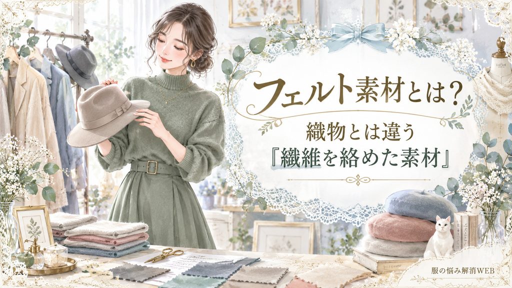 フェルト帽子を手に取り、繊維を絡めて作るフェルト素材の特徴を確認する女性のイラスト
