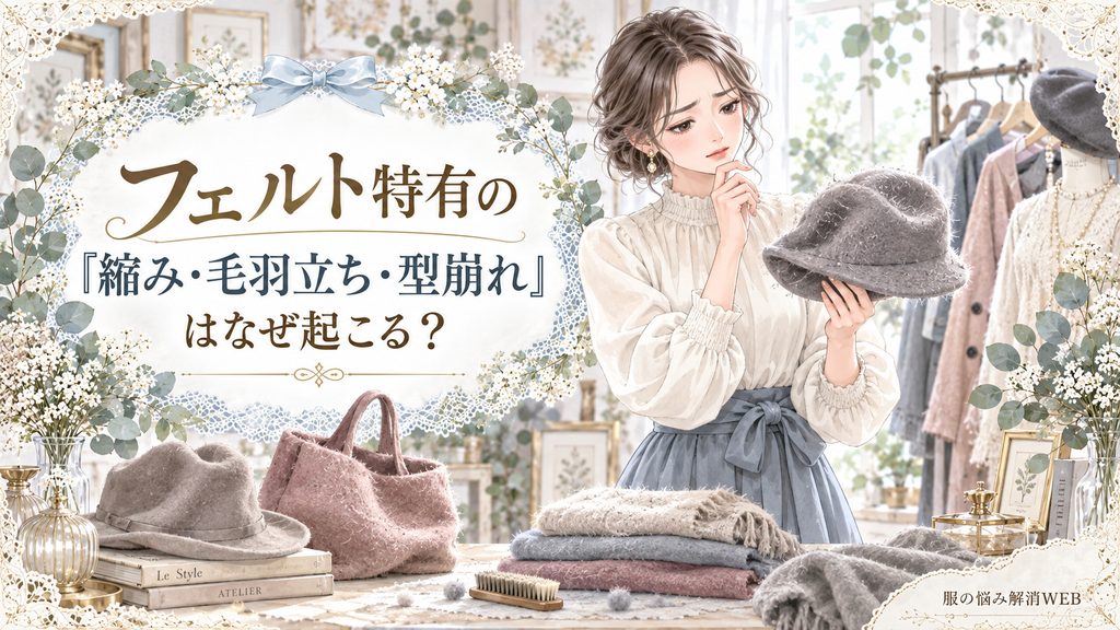 縮みや毛羽立ち、型崩れが起きたフェルト帽子を確認する女性のイラスト