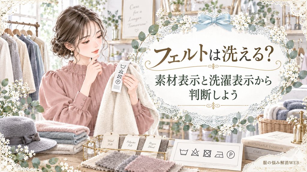 フェルト製品の素材表示と洗濯表示を確認し、洗えるか判断する女性のイラスト
