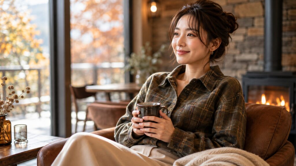 フランネルシャツを着た女性が暖かなカフェ空間でくつろいでいる様子