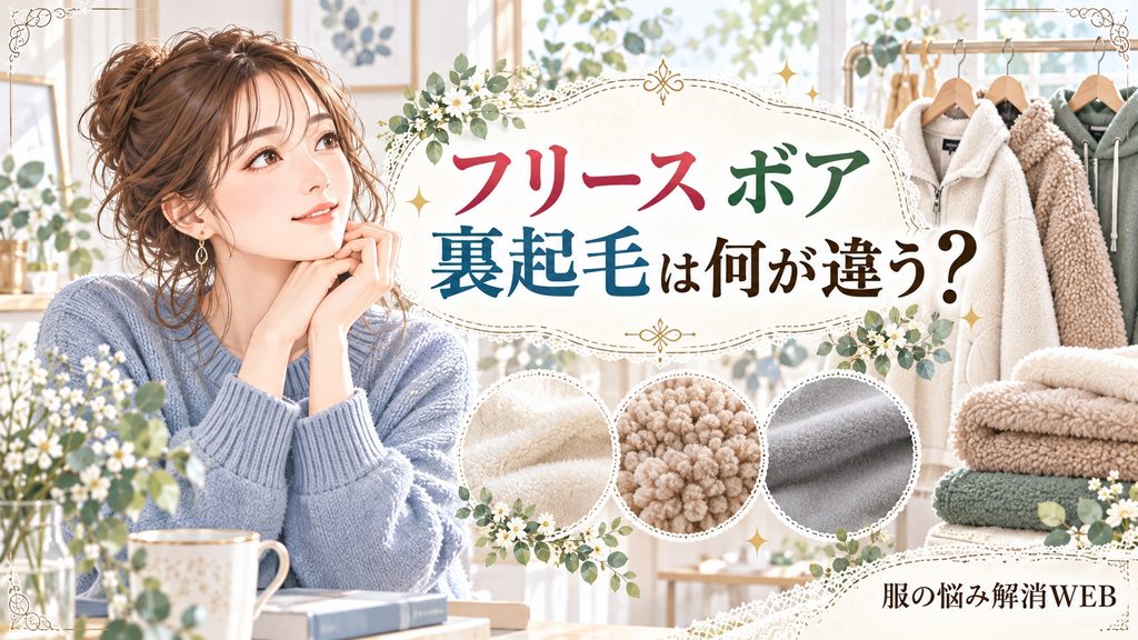 フリース・ボア・裏起毛の違いを生地の質感と女性モデルで比較したイラスト