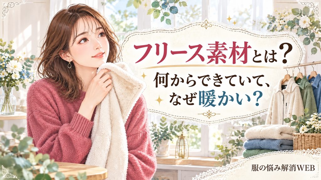 フリース素材の暖かさの理由を、衣類を手にした女性とともに紹介するイラスト