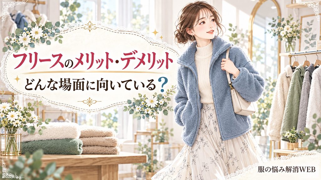 フリースのメリット・デメリットと向いている場面を紹介する女性ファッションイラスト