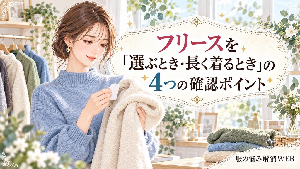 フリースを選ぶときと長く着るための確認ポイントを紹介する女性のイラスト