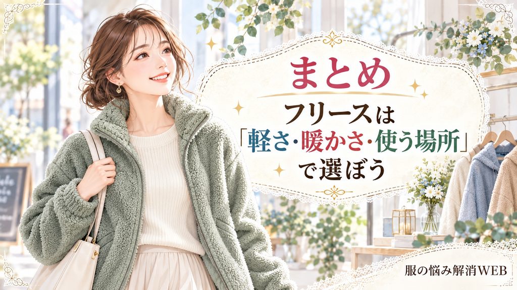 軽さ・暖かさ・使う場所を意識してフリースを選ぶ女性のまとめイラスト