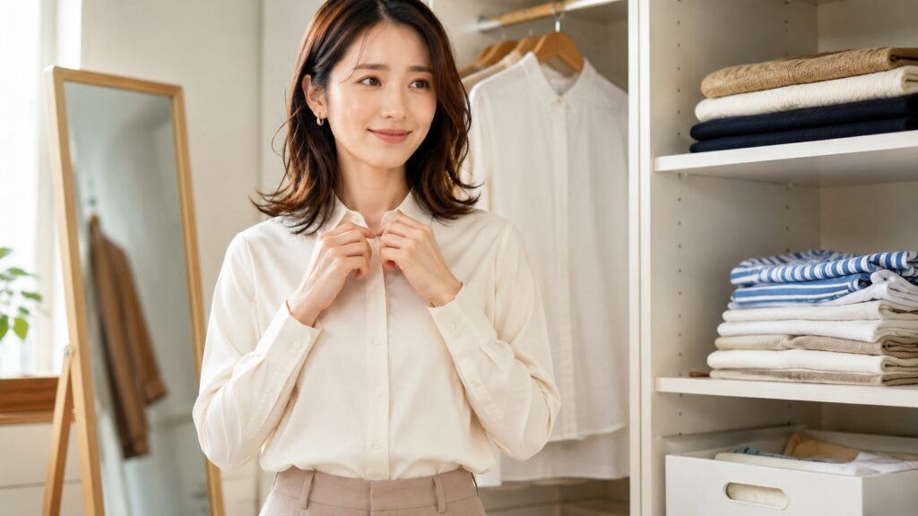 整理されたクローゼットでシワのない白シャツを着る女性