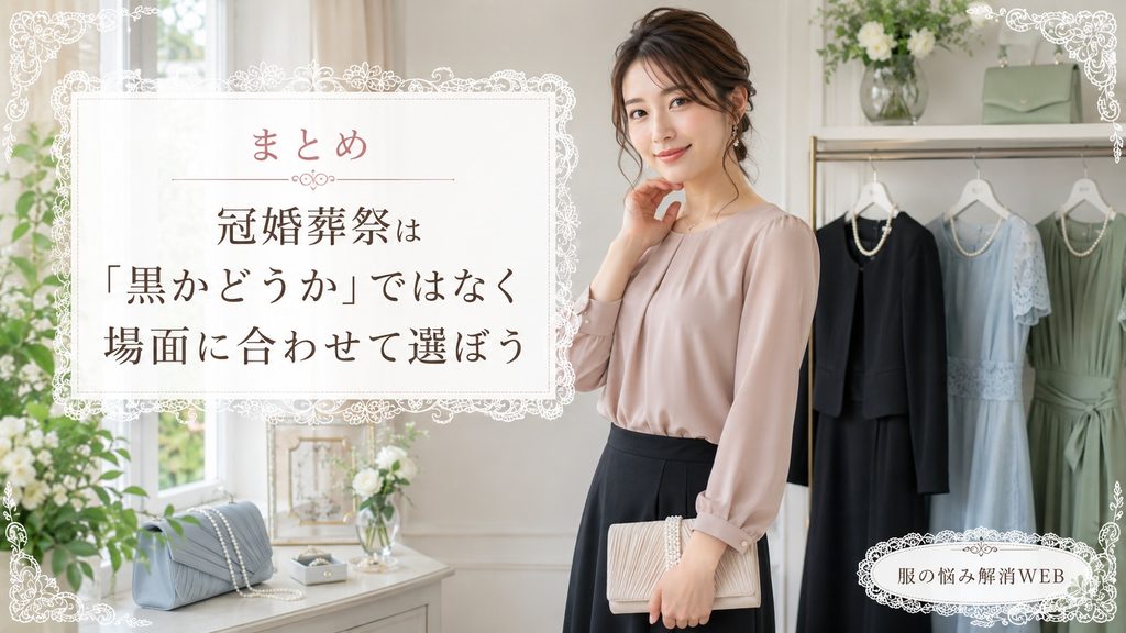 冠婚葬祭の場面に合わせたフォーマルコーデを完成させた女性