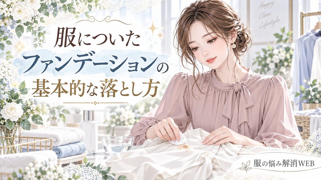 服についたファンデーション汚れをやさしく部分洗いする女性のイラスト