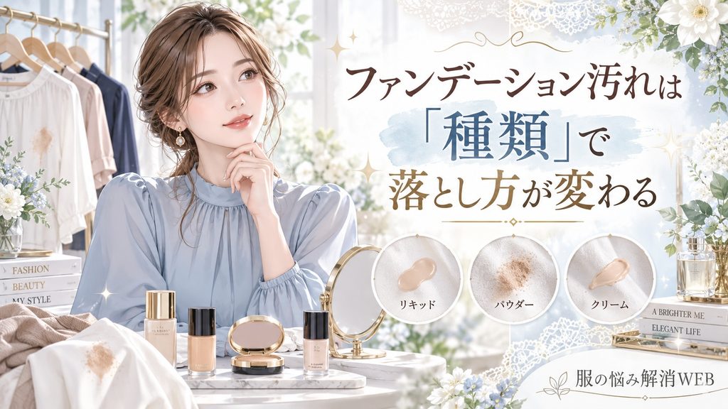 ファンデーションの種類によって汚れの落とし方が変わることを紹介する女性のイラスト
