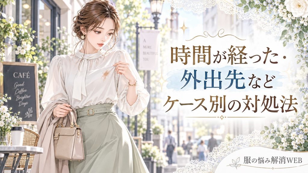 外出先で服についたファンデーション汚れに気づき対処法を考える女性のイラスト