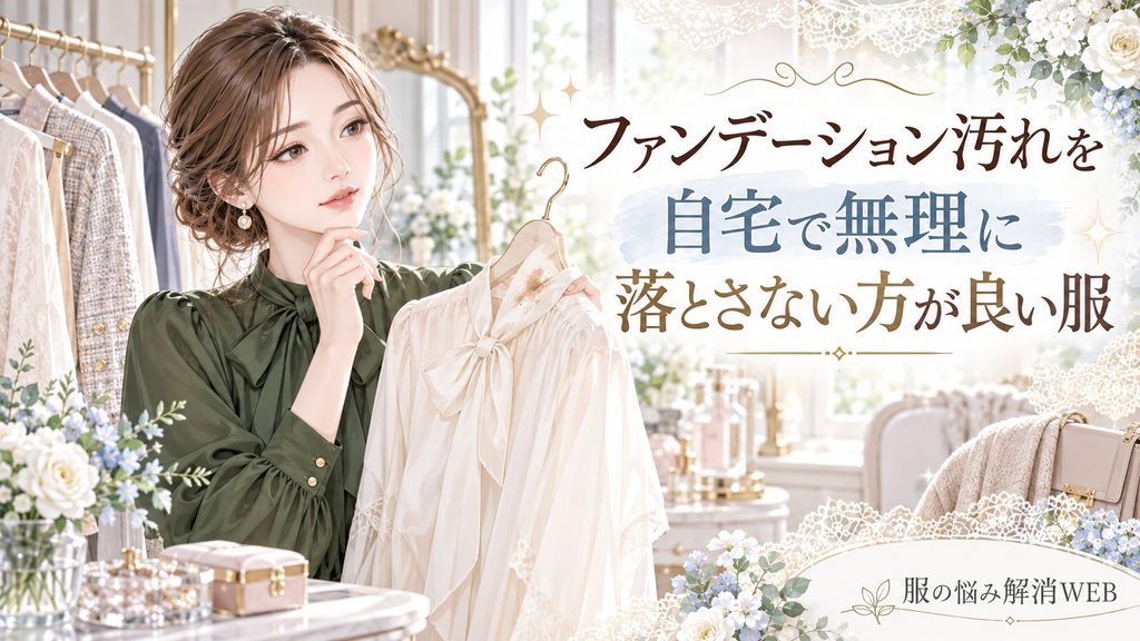 ファンデーションがついたデリケートな服を自宅で無理に洗わず確認する女性のイラスト