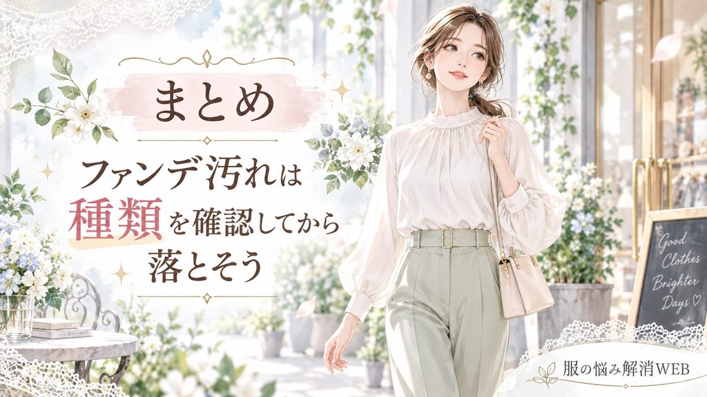 ファンデーションの種類を確認して正しく汚れを落とすポイントをまとめた女性のイラスト
