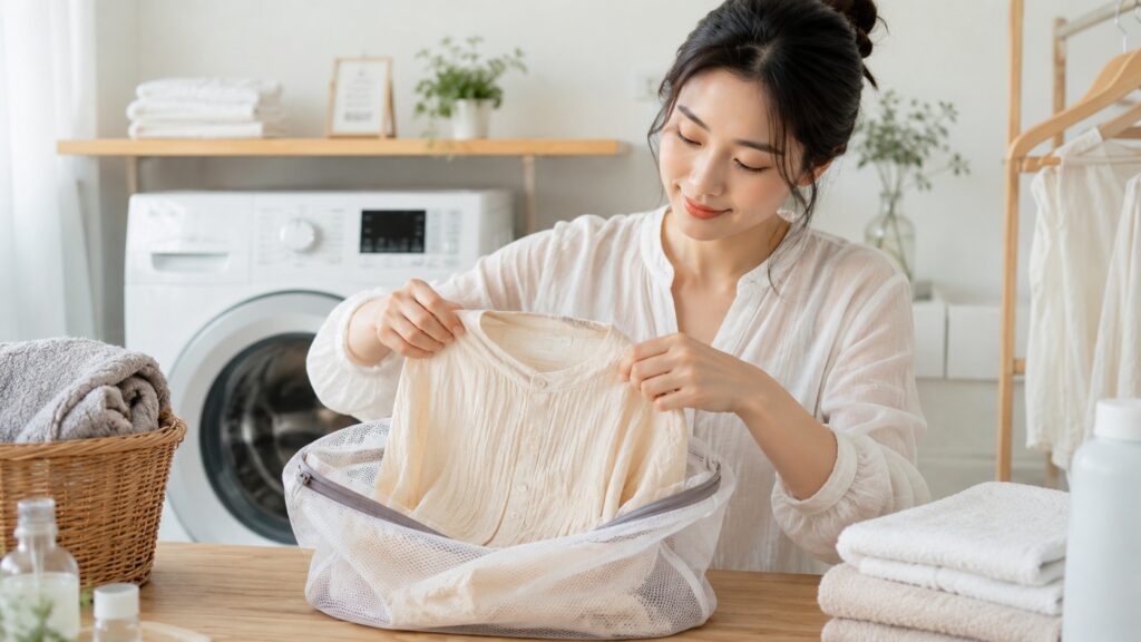 ガーゼ素材の服を洗濯ネットに入れてやさしく洗う準備をしている女性