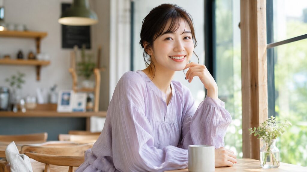 淡いラベンダーのガーゼブラウスを着た女性がカフェで微笑んでいる様子