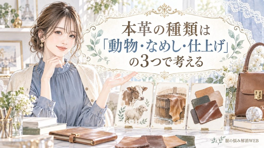 本革の種類を動物・なめし・仕上げの3つに分けて解説する女性と革サンプルのイラスト