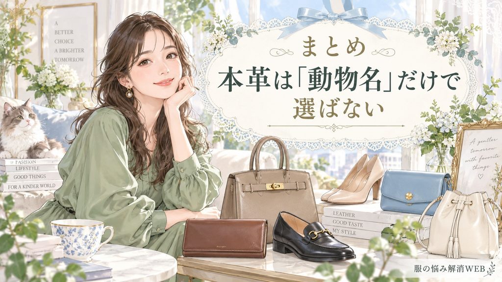 バッグや靴などの本革製品を前に、動物名だけでなく加工や用途も考えて選ぶ女性のイラスト