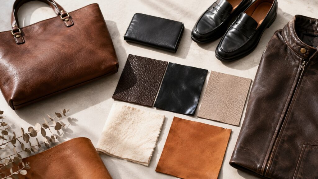本革のバッグや財布、靴、ジャケット、生地見本を並べた素材イメージ