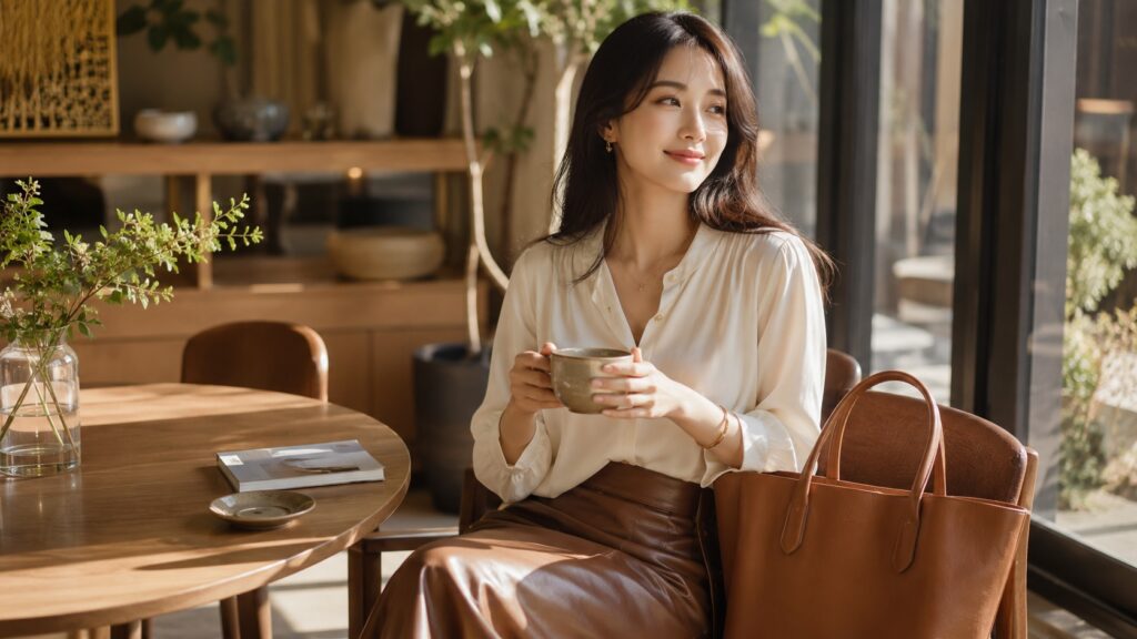 本革バッグを横に置いた女性が明るいカフェでくつろいでいる様子