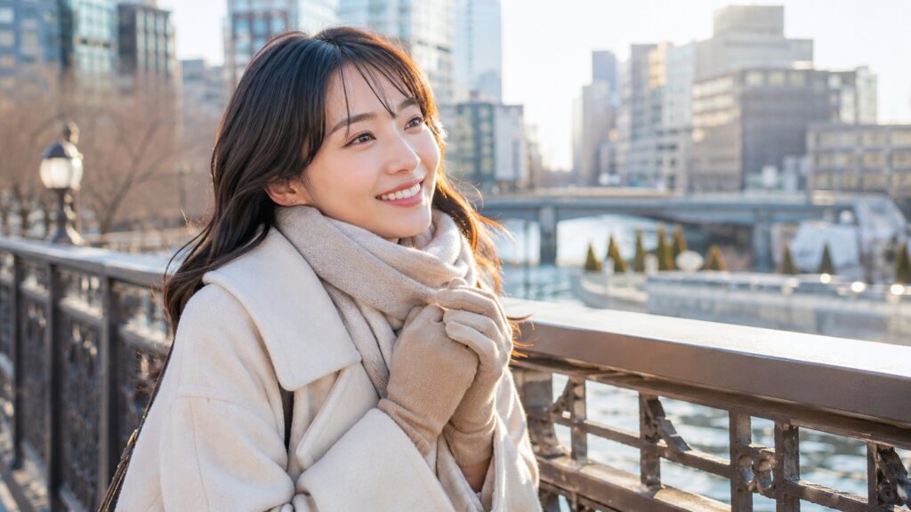 冬の街並みで清潔な手袋を着け、快適に過ごしている日本人女性