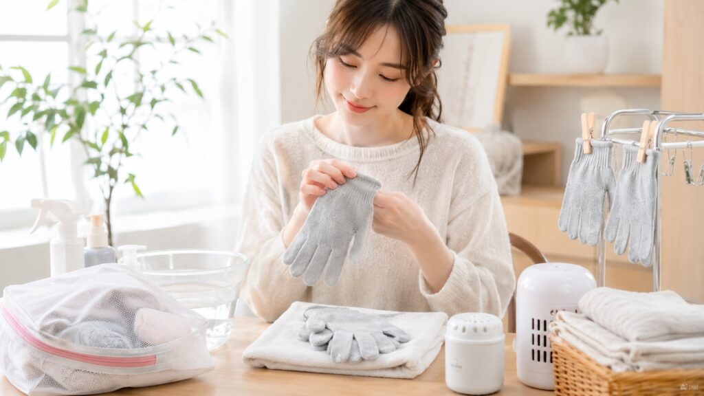 明るい室内で手袋を手入れし、洗濯や乾燥の準備をしている日本人女性