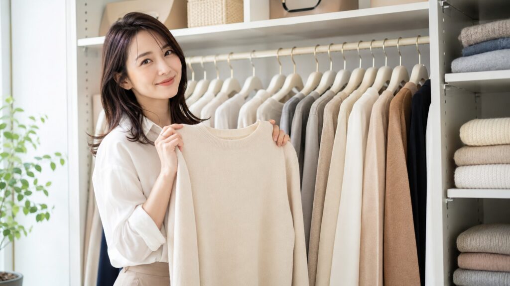 整理されたクローゼットの前でニットを持ち、正しい収納方法をイメージさせる若い日本人女性