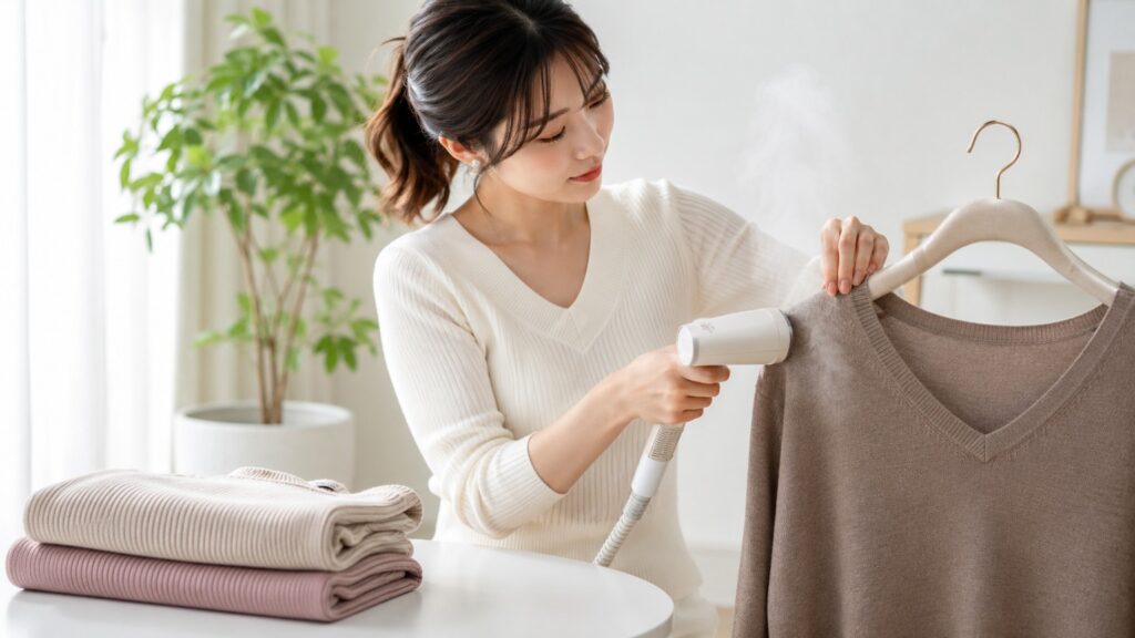 スチーマーでニットの肩部分を整え、ハンガー跡を直している若い日本人女性