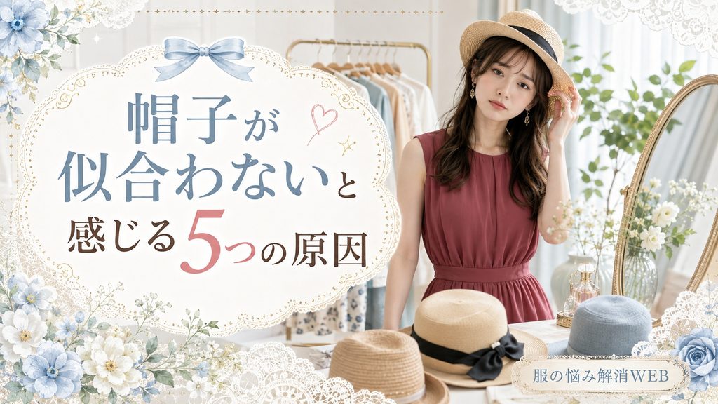 帽子が似合わないと感じて鏡の前で悩む女性と複数の帽子