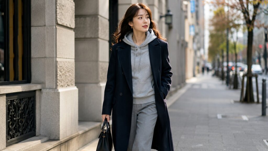 グレーパーカーにロングコートを合わせた大人カジュアルコーデの日本人女性