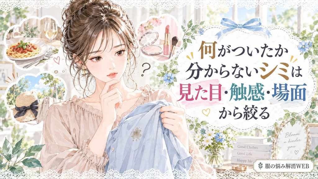 何がついたか分からない服のシミを見た目や触感、付着した場面から考える女性のイラスト