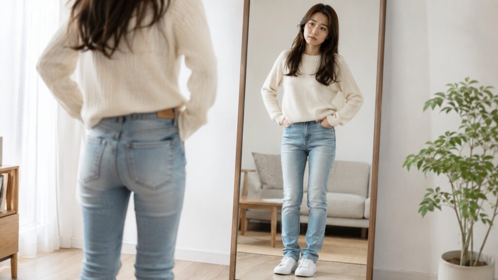 鏡の前で色落ちしたジーンズのシルエットを確認する日本人女性