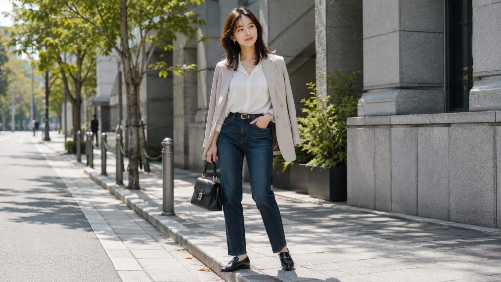 濃色ジーンズに白ブラウスとジャケットを合わせた垢抜けコーデの日本人女性