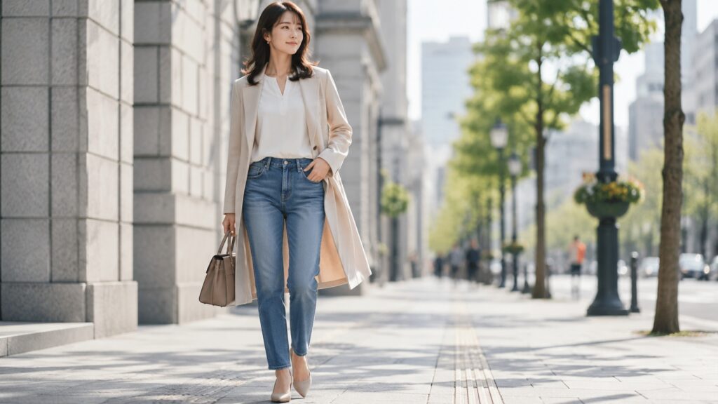 ジーンズに白トップスとベージュコートを合わせた大人カジュアルコーデの日本人女性