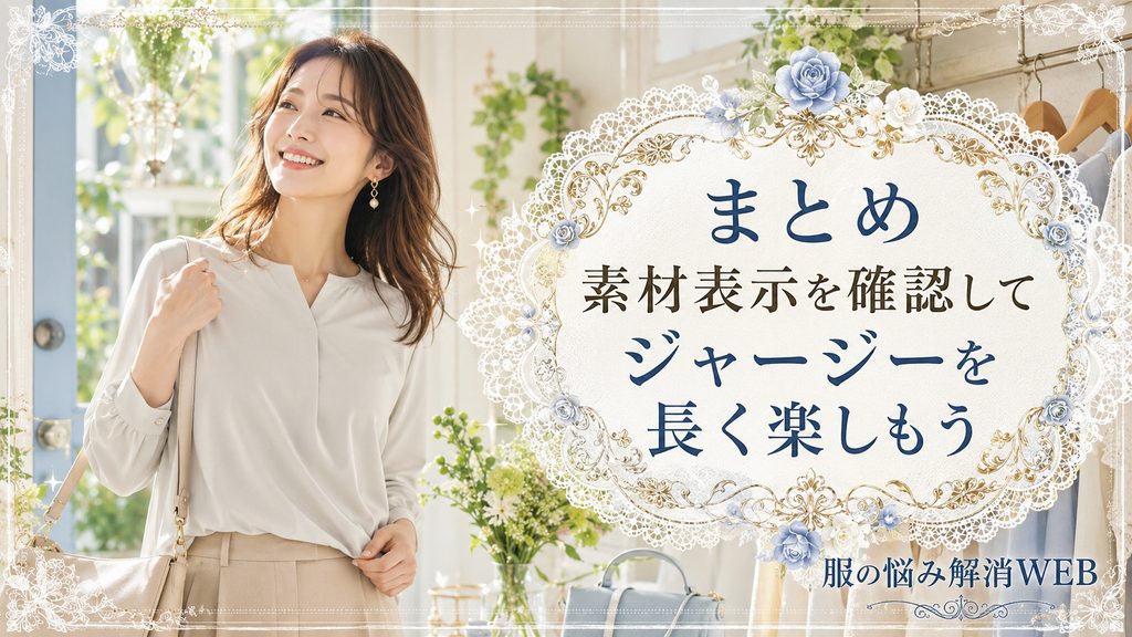素材表示を確認して手入れしたジャージー素材の服を着て、明るい表情で過ごす女性