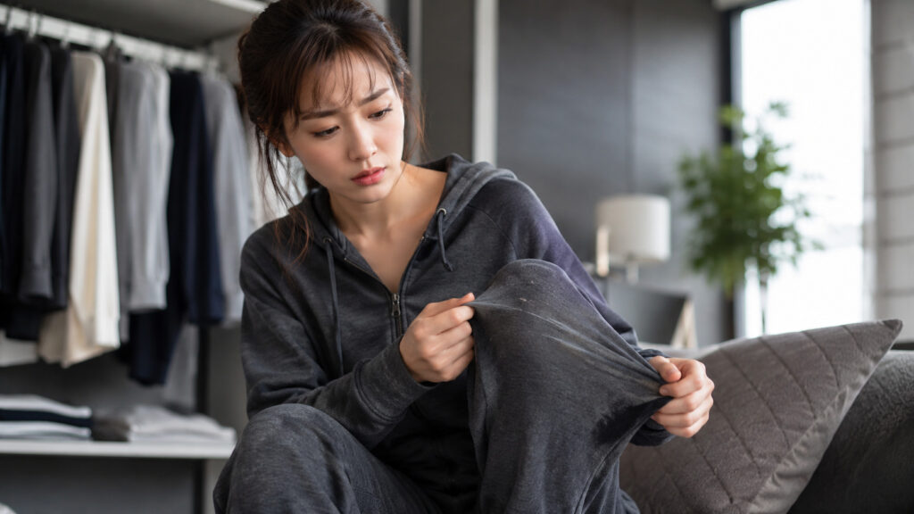 ダークグレーのジャージ服を着た女性が、生地のヨレや毛羽立ちを気にして確認している室内シーン