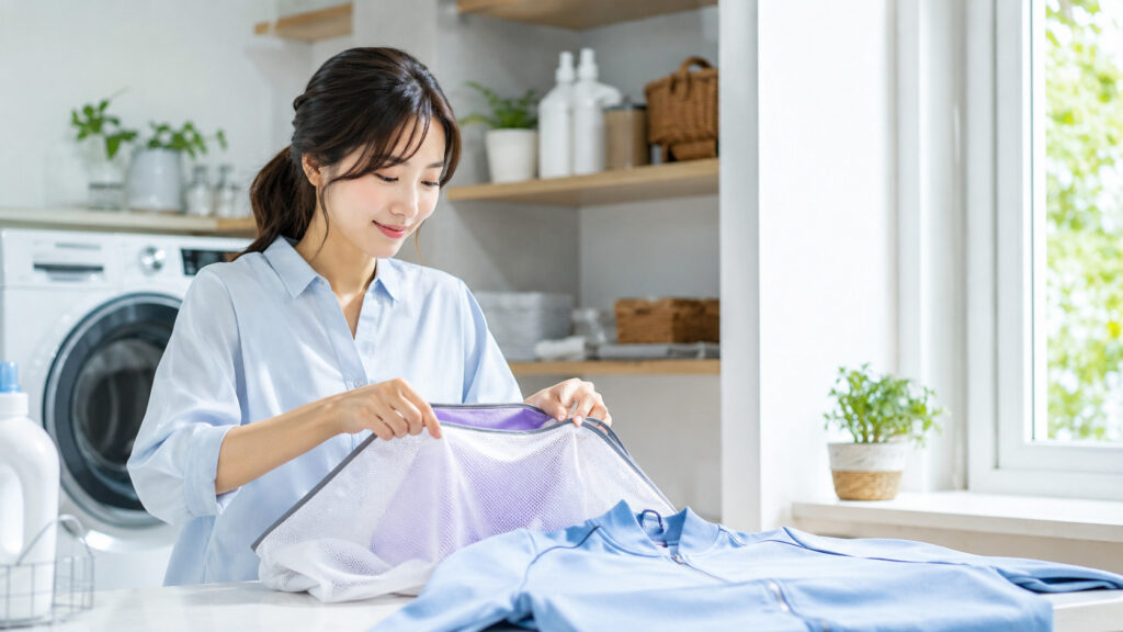 明るいランドリースペースで、女性がジャージ素材の服を洗濯ネットに入れて丁寧に洗濯準備をしている様子