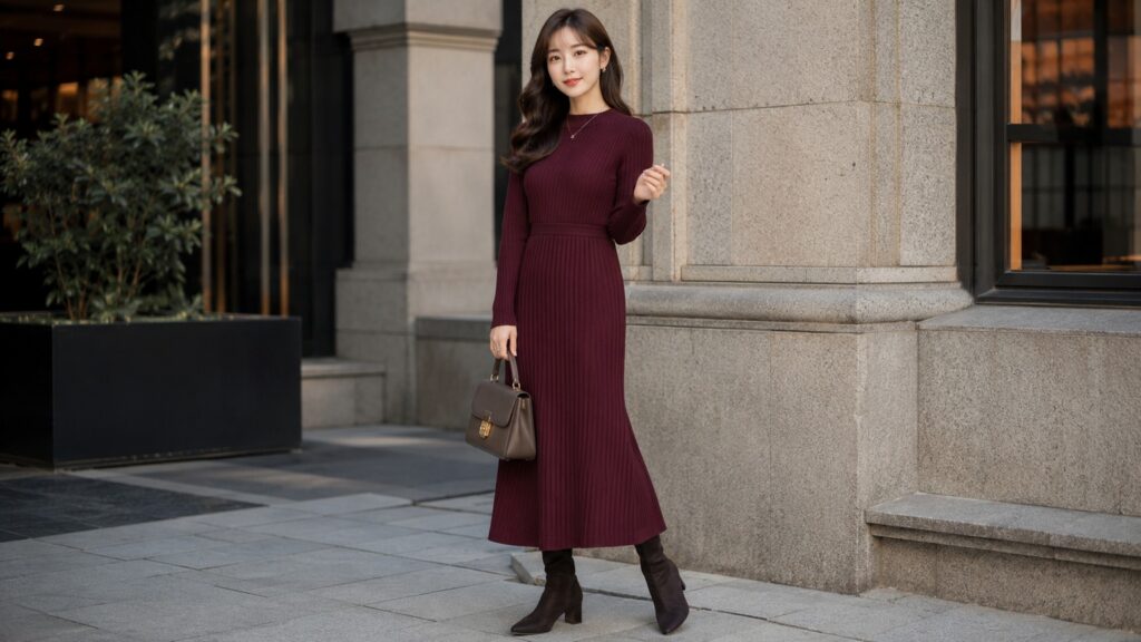 ボルドーのリブニットワンピースを上品に着こなした若い日本人女性の街中コーディネート