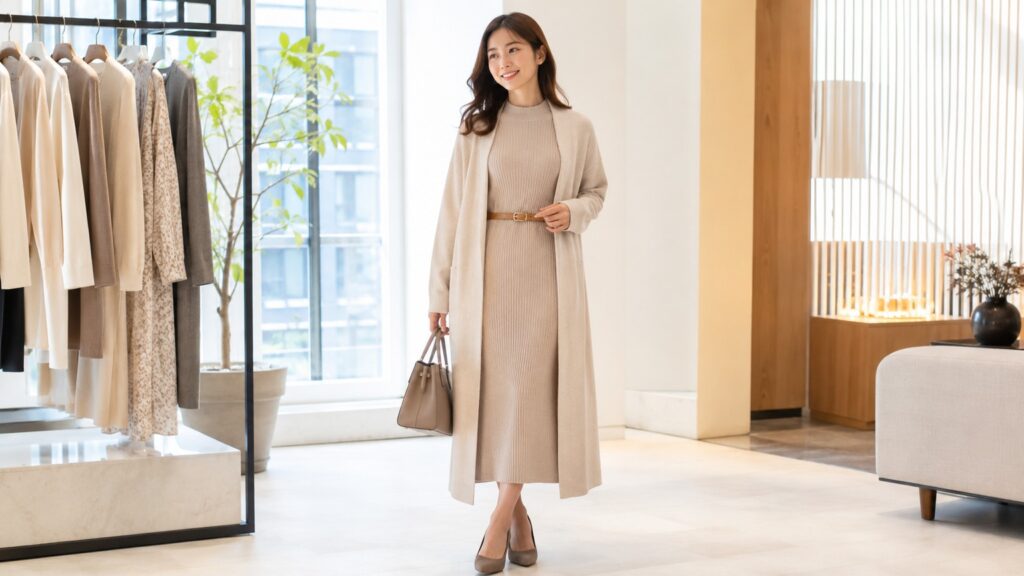 明るいベージュのニットワンピースにロングカーディガンと細ベルトを合わせ、細見えコーデをしている若い日本人女性