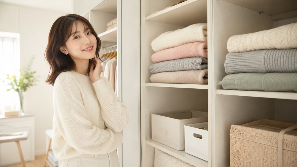 整理されたクローゼットの前で、畳んだニット収納を確認しながら微笑む若い女性