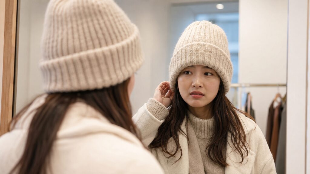 鏡の前でニット帽をかぶり、似合うかどうか悩んでいる日本人女性